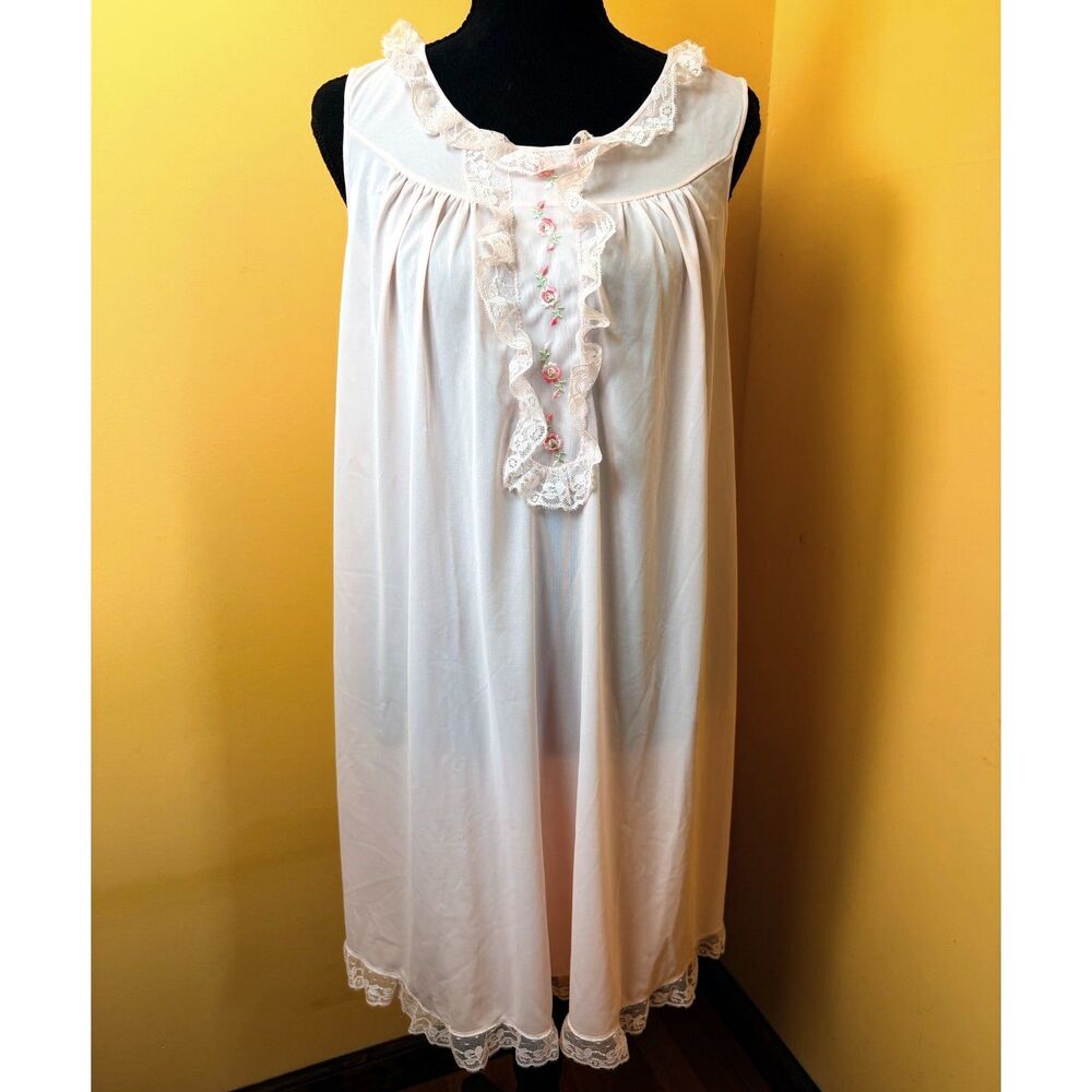 Vtg 70s Shadowline Pink Nylon Nightgown Lace Floral Retro Coquette Babydoll Sz S
